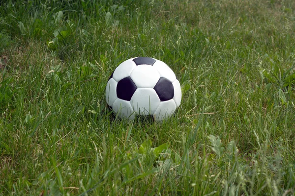 White and black ball for playing soccer in high green grass closeup