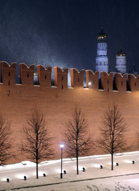 The Kremlin Wall and cathedrals after it in Moscow Russia with holiday lighting during cold Russian winter blizzard in night