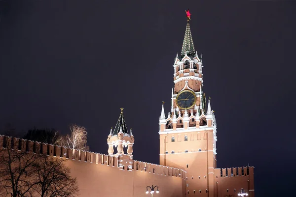 Moskou Kremlin Spasskaya Tsarskaja Torens Rode Bakstenen Muur Met Avondlantaarns — Stockfoto