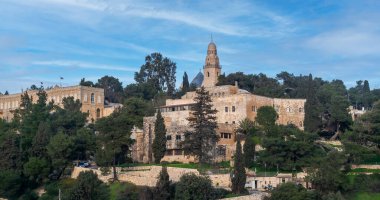 Panorama of Zion Mount with great buildings of the Jerusalem University college of Holy Land and Dormition Abbey in Old City, near the Jaffa Gate.
