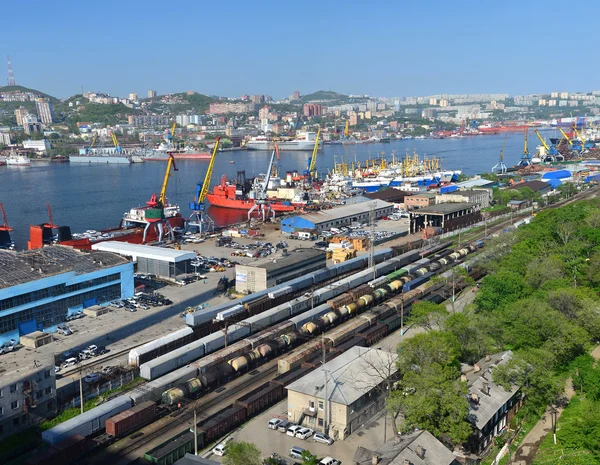 Port Władywostok, panorama pojemnik terminal, Federacja Rosyjska — Zdjęcie stockowe