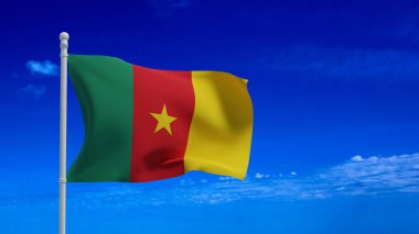 Kamerun Cumhuriyeti ulusal bayrağı, rüzgarda sallanıyor. 3D görüntüleme, CGI