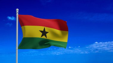 Gana Cumhuriyeti ulusal bayrağı, rüzgarda sallanıyor. 3D görüntüleme, CGI