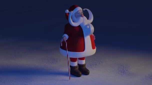 圣诞老人在雪地里走来走去挥挥手 滑稽的3D动画短片 全息高清分辨率 — 图库视频影像