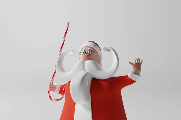 Funny Santa Claus Agitando Sosteniendo Bastón Caramelo Ilustración Realista Representación — Foto de Stock