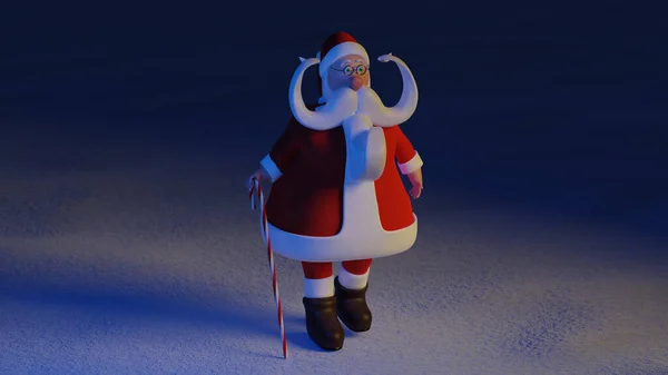 滑稽的圣诞老人在雪地上行走 现实的漫画3D渲染插图 — 图库照片