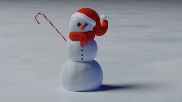 Divertente Pupazzo Neve Seduto Indossando Cappello Babbo Natale Una Canna — Foto Stock