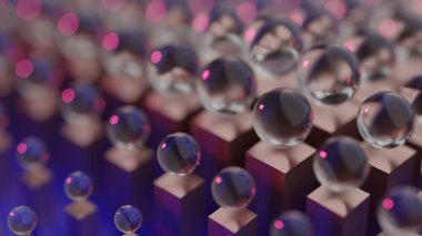 Küpler ve kürelerle soyut geometrinin renkli arkaplan çizimi. 3B oluşturulmuş görüntüleme