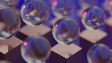 Küpler ve kürelerle soyut geometrinin renkli arkaplan çizimi. 3B oluşturulmuş görüntüleme