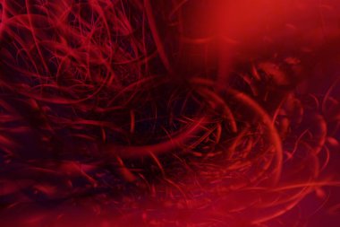 Soyut renkli kırmızı arkaplan, spiraller, çizgiler ve geometrik desenlerle üç boyutlu resimleme