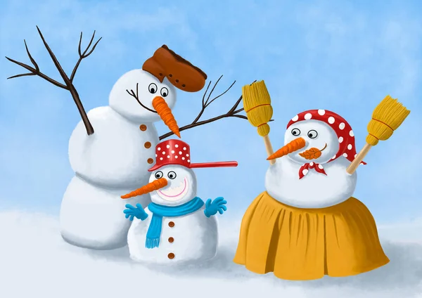 Eine Familie Von Schneemännern Lustige Bunte Cartoon Illustration — Stockfoto