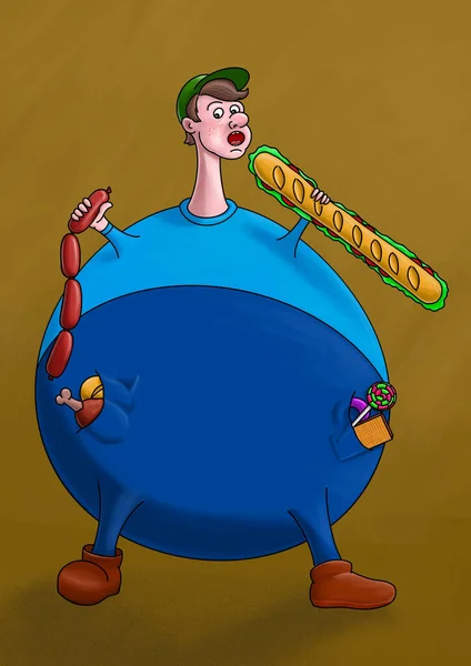 Hongerige Dikke Jongen Eten Grappige Illustratie — Stockfoto