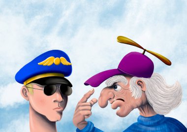 Pervaneli ev yapımı şapkası olan yaşlı bir adam genç bir pilotla sinirli sinirli konuşuyor. Komik renkli dijital illüstrasyon