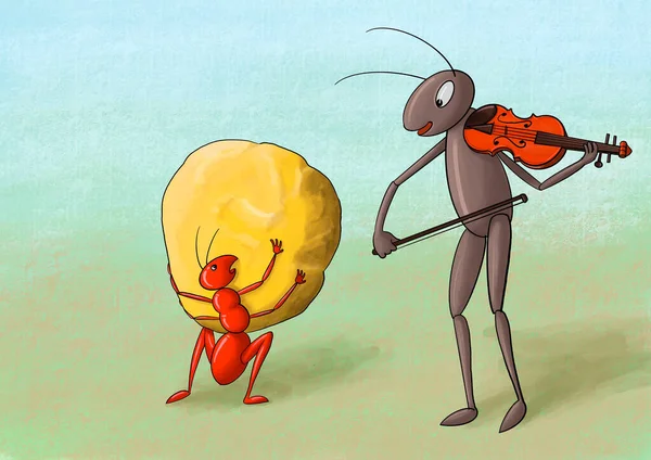 Μυρμήγκι Και Ιστορία Του Κρίκετ Αστεία Πολύχρωμη Ψηφιακή Απεικόνιση — Φωτογραφία Αρχείου