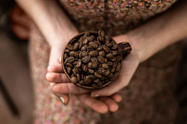 Coffee Beans Cup Female Hands Brown Background — Stock Photo, Image