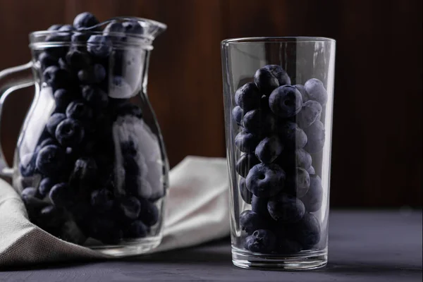 Blueberries Jug Glass Dark Concrete Background Detox Smoothie Making Berry — Stock Photo, Image
