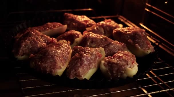 在烤箱里加切肉的生椒 充填胡椒药方 — 图库视频影像
