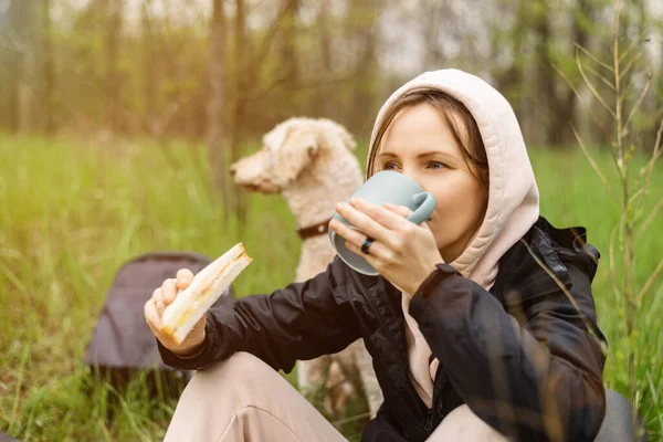 Mulher Comendo Sanduíche Piquenique Floresta Verde Cão Dela Está Por — Fotografia de Stock