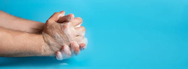 Global Handwashing Day Personligt Hygienkoncept Banner Mans Hand Skum Håller — Stockfoto