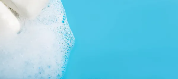 Soap Foam Blue Background Close Global Handwashing Day — Stock Photo, Image