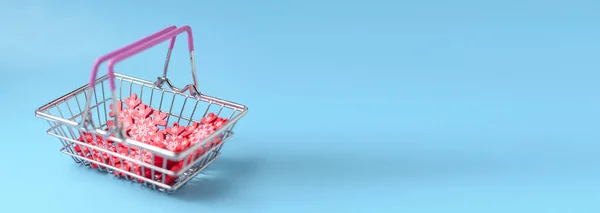 Koncepcja Zakupów Noworocznych Koszyk Zakupy Czerwonymi Płatkami Śniegu Niebieskim Tle — Zdjęcie stockowe