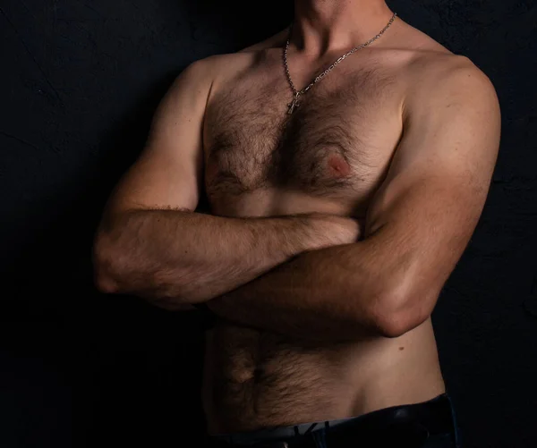 Naked Torso Hair Ordinary Man Good Physical Shape Jeans Dark — Stock Photo, Image