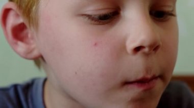 Küçük çocuk yakından çiğniyor. Bir çocuğu yemek..