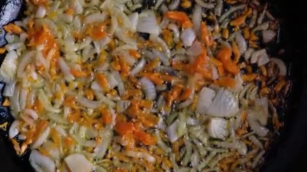 Onions Carrots Fried Pan Oil View — Stock Video