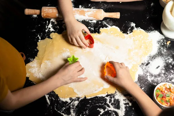 Children Cut Cookies Dough Joint Friendly Cooking Shortcrust Pastry Dark — Stock Photo, Image