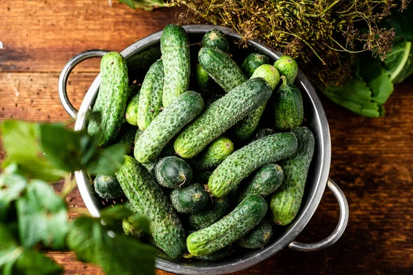 Verse Biologische Komkommers Een Zeef Kruiden Een Donkere Houten Ondergrond — Stockfoto