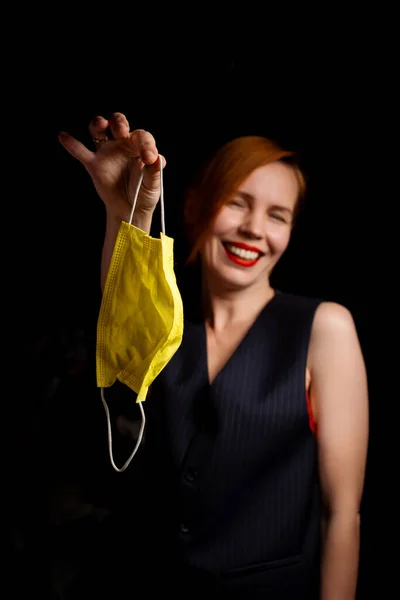 Freedom Medical Mask Woman Laughs Contentedly Holding Medical Mask Her — Stock Photo, Image