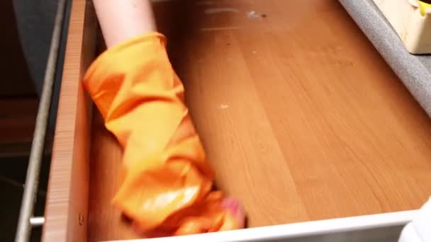 Woman Rubber Gloves Washes Kitchen Drawer Cleaning House — Stock Video