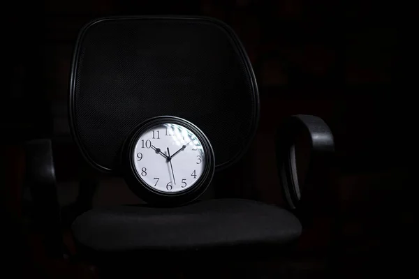 Deadline Concept Time Management Clock Office Chair Black Background — Stock Photo, Image