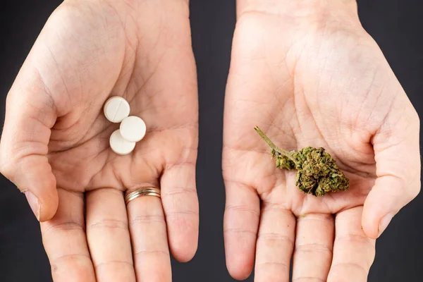 Marijuana Comprimidos Nas Palmas Das Mulheres Cannabis Medicinal Como Alternativa — Fotografia de Stock
