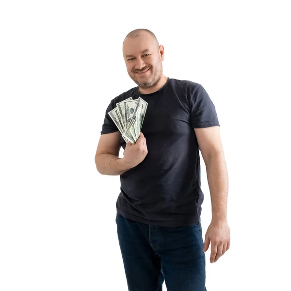 Starší Ležérní Muž Džínách Tričku Penězi Dolary Ruce Izolované Bílém — Stock fotografie
