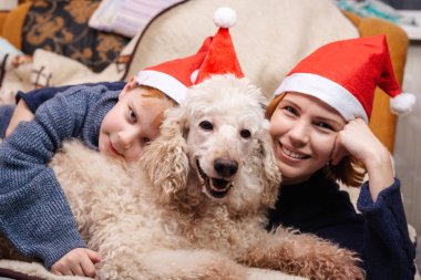 Yeni yılda anne ve köpek oğlu kanepede yatarken birbirlerine sarılıyorlar..