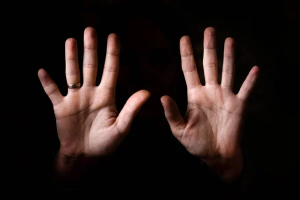 Female Palms Aimed Camera Black Background — Stock Photo, Image