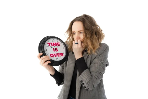 Time Inscription Clock Woman Clutched Her Head Shock While Holding — Stock Photo, Image