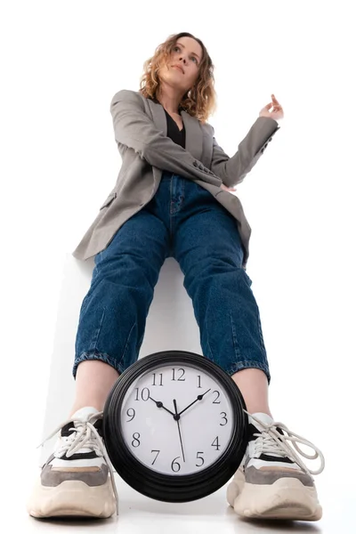 Deadline Concept Time Management Woman Holds Her Legs Large Clock — Stock Photo, Image