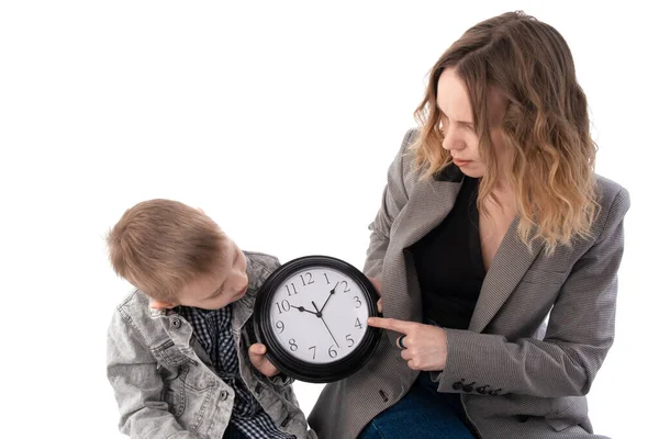 Schoolboy Mom Son Studying Clock Isolated White Background Time Management — Stock Photo, Image