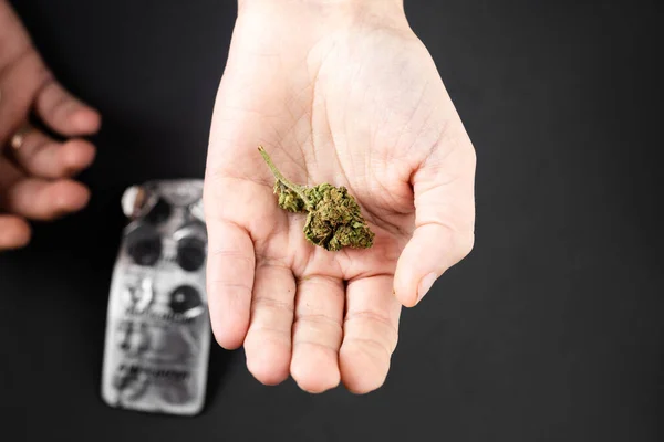 Bud Maconha Uma Mão Feminina Fundo Pílulas Fora Foco Cannabis — Fotografia de Stock