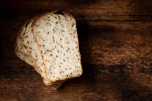 Pieces Bread Seeds Wooden Background Healthy Healthy Bread Healthy Food — Foto Stock