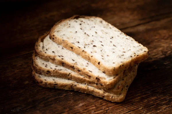 Pieces Bread Seeds Wooden Background Healthy Healthy Bread Healthy Food — Fotografia de Stock