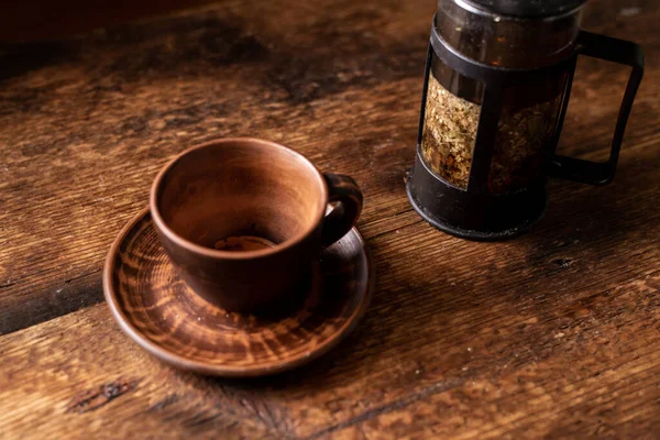 Empty Clay Tea Cup Dark Wooden Background Teapot Herbal Tea — стоковое фото