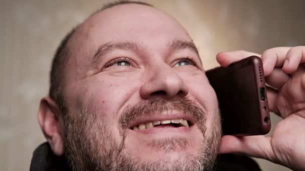 Man Laughs Talks Phone Close Unshaven Forty Year Old Man — Stock videók