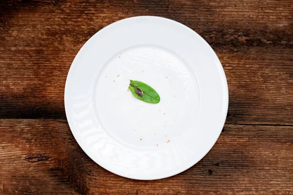 Green Leaf White Plate Dark Wooden Background Diet Concept Top — Stock fotografie