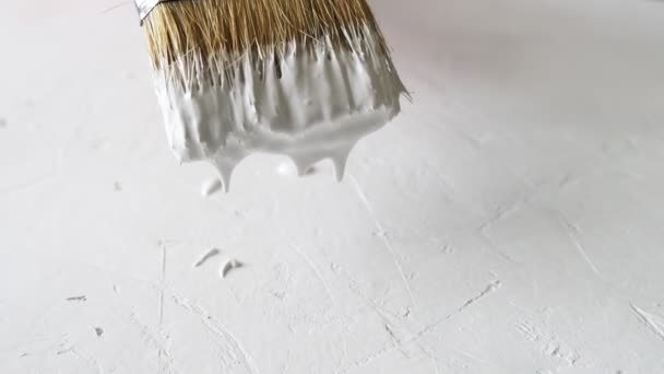 Weiße Farbe Fließt Von Einem Pinsel Auf Weißem Hintergrund Herab — Stockvideo
