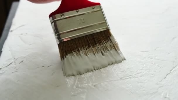 Pincel Pinta Com Tinta Branca Close Reparação Pintura Madeira — Vídeo de Stock