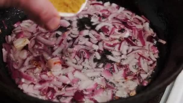 Röd Lök Och Curry Steks Kastrull Matlagning Jollesås Ris — Stockvideo