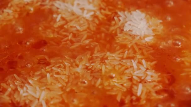 Jollof Reis Kochen Reis Mit Tomatenmark Tomaten Gewürzen Wird Einer — Stockvideo